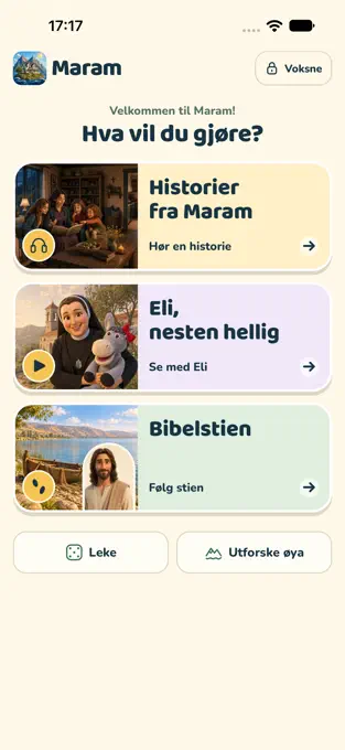 Maram-appens forside med Historier fra Maram, Eli, nesten hellig og Bibelstien.