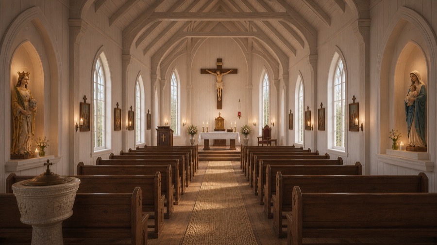 Interiøret i familiens katolske bykirke med alter, krusifiks med Jesus, tabernakel og helgenstatuer.