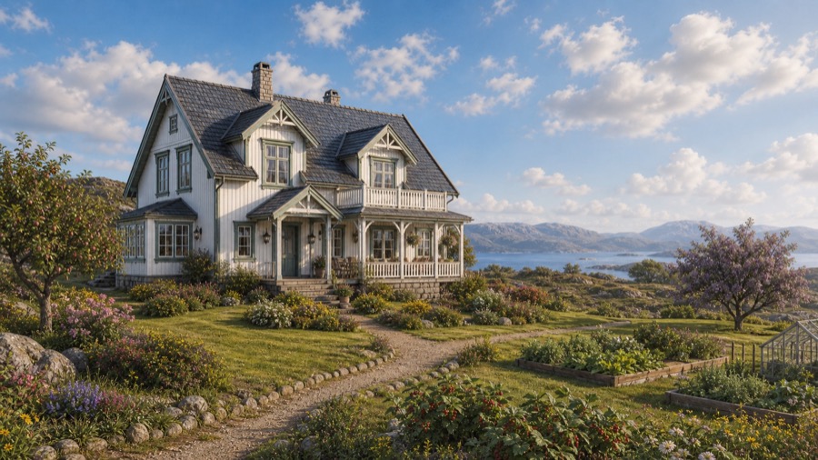Det store hvite familiehuset med veranda, blomster, epletre, plommetre og fjorden et stykke bortenfor.