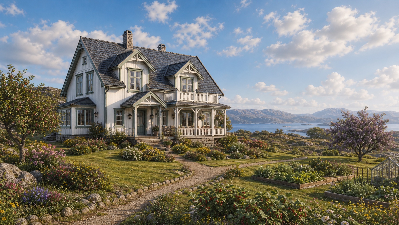 Det store hvite huset med epletre, plommetre, blomster, ripsbusker og utsikt mot fjorden.