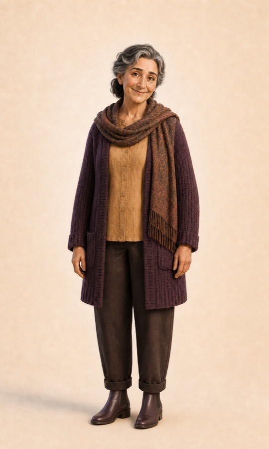 Mormor med mørkt hår og sølvpartier, auberginefarget cardigan og varmt sjal.