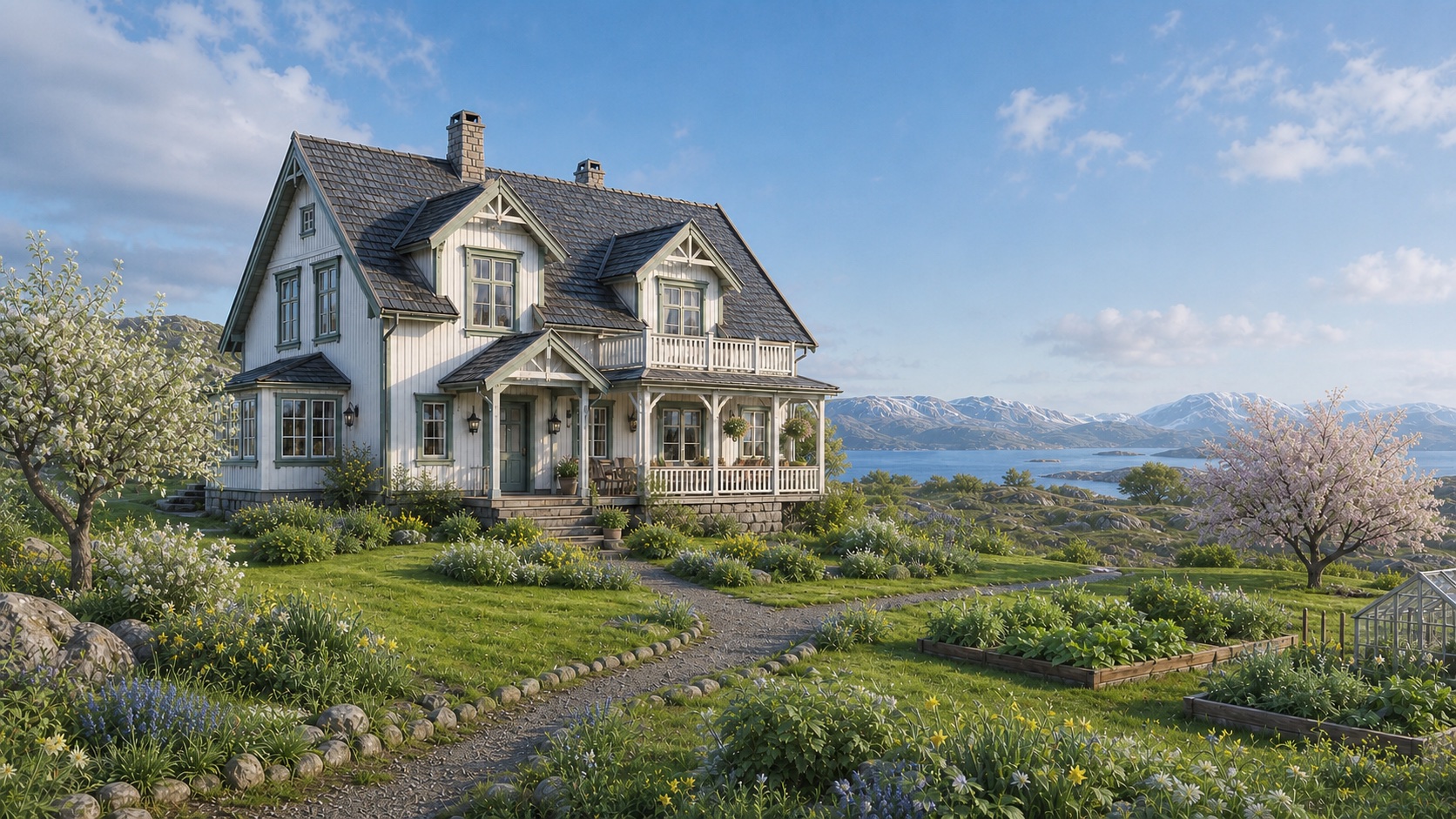 Frukttrærne blomstrer ved huset om våren.