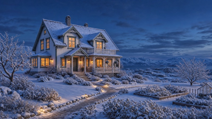 Det hvite huset og hagen dekket av snø i vinterlys.