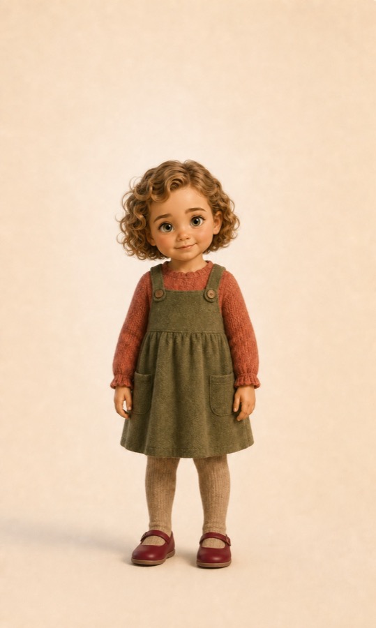 Teresa, 4 år, med kort mørkeblond krøllete bob og grønn kjole.