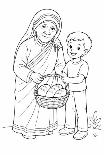 Fargeleggingsmotiv med Mor Teresa og et barn som bærer en kurv med brød sammen.