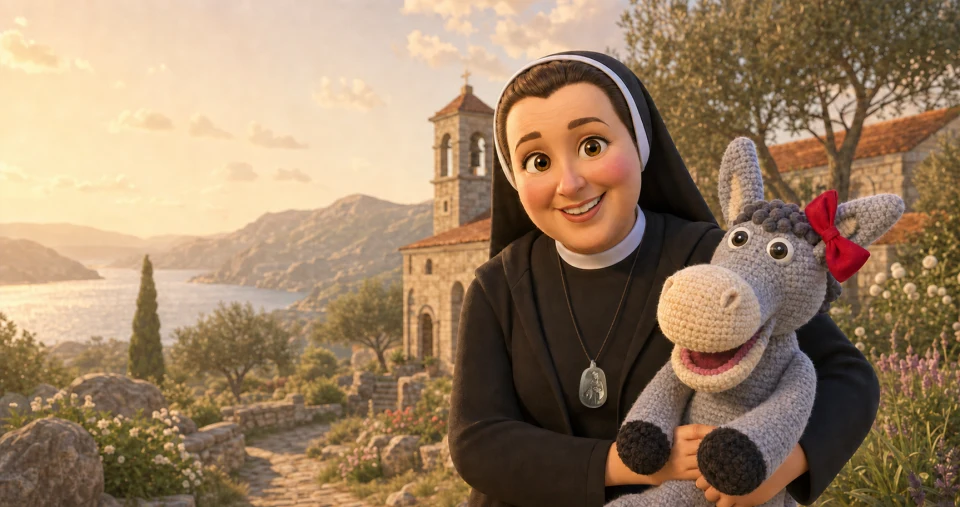 Eli og søster Karolina smiler til oss i klosterhagen.
