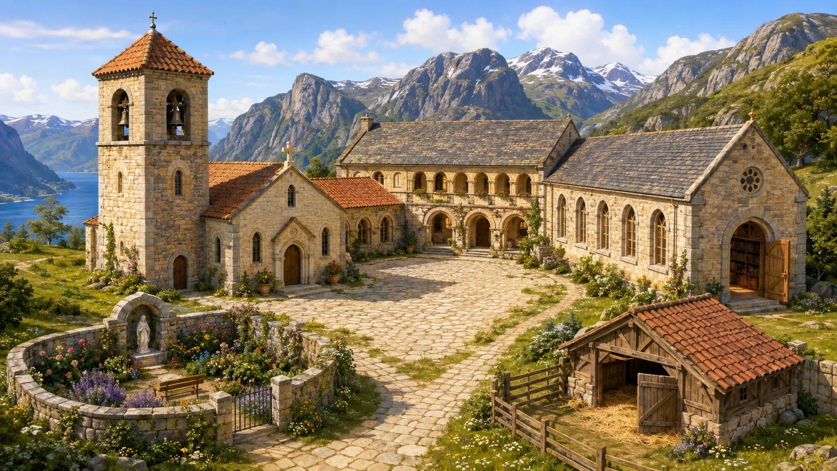 Klosteret ved fjellene: klokketårn, kapell, bibliotek, spiserom, stall og en grønn klosterhage rundt gårdsplassen.