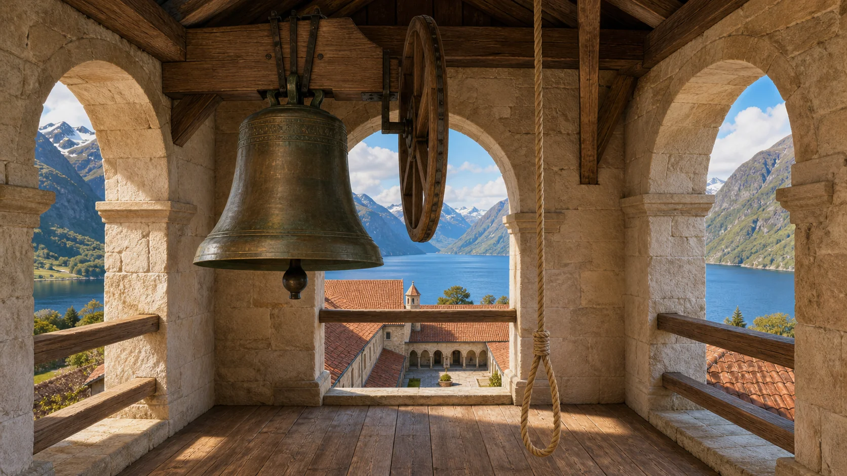 Klosterklokken med et langt tau og utsikt over fjorden.