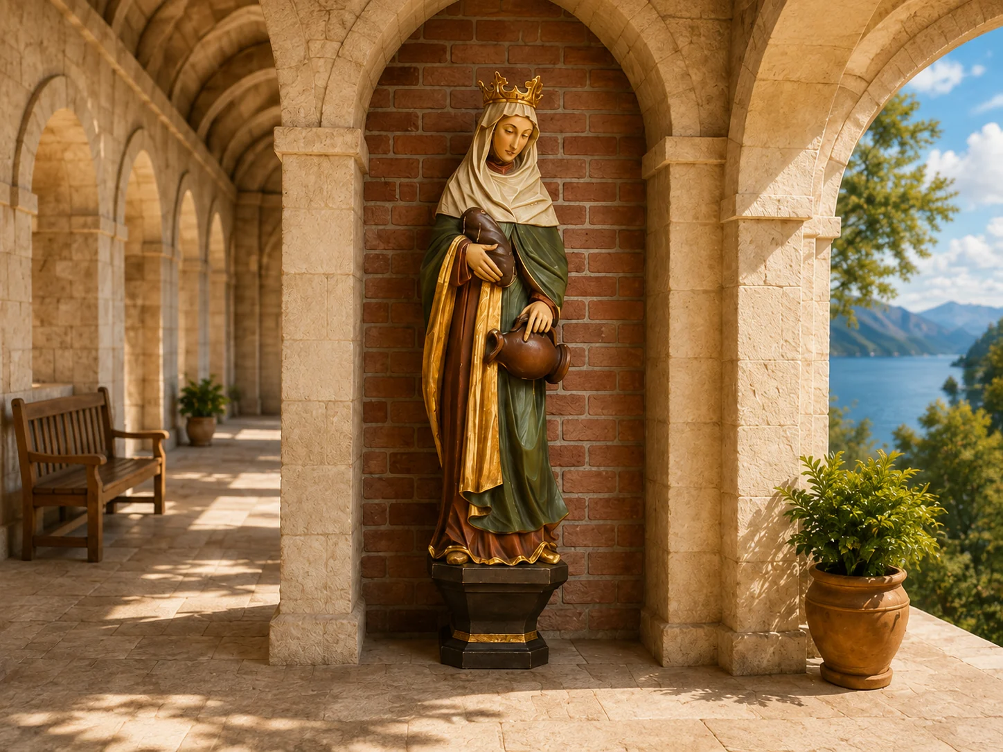 En malt statue av den hellige Elisabeth med krone, lyst slør og grønn kappe i klostergangen.