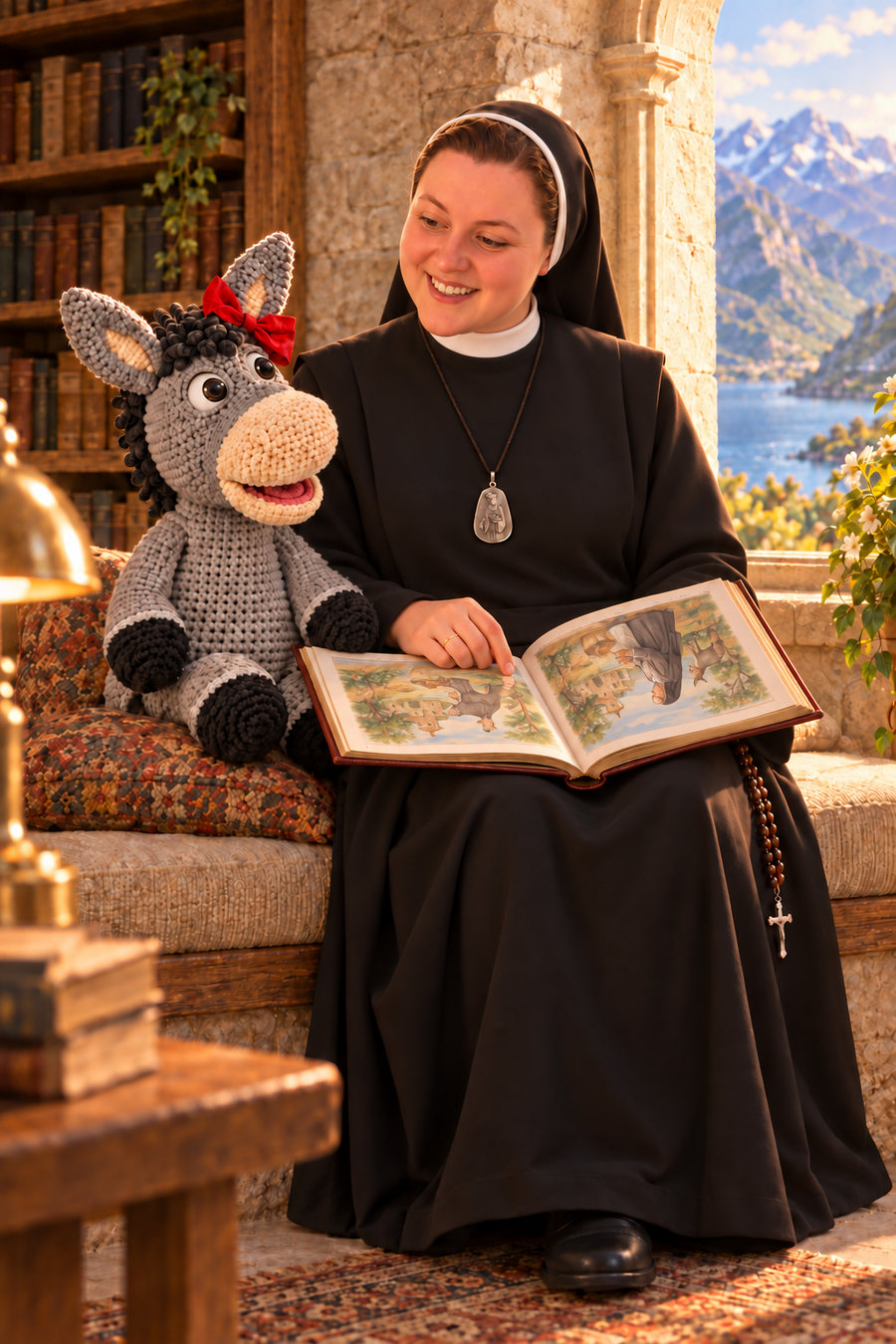 Søster Karolina sitter med Eli og en åpen bok i klosterbiblioteket.