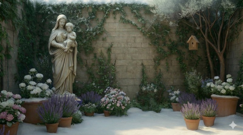 En klosterhage med blomster og en statue av Maria med Jesusbarnet.