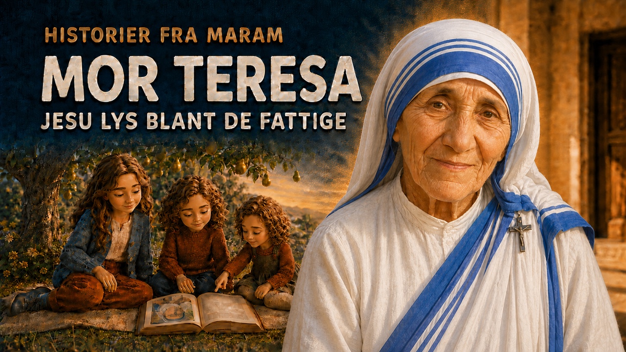 Mor Teresa med hvitt og blåstripet slør. Rita, Sunniva og Teresa leser sammen under pæretreet.