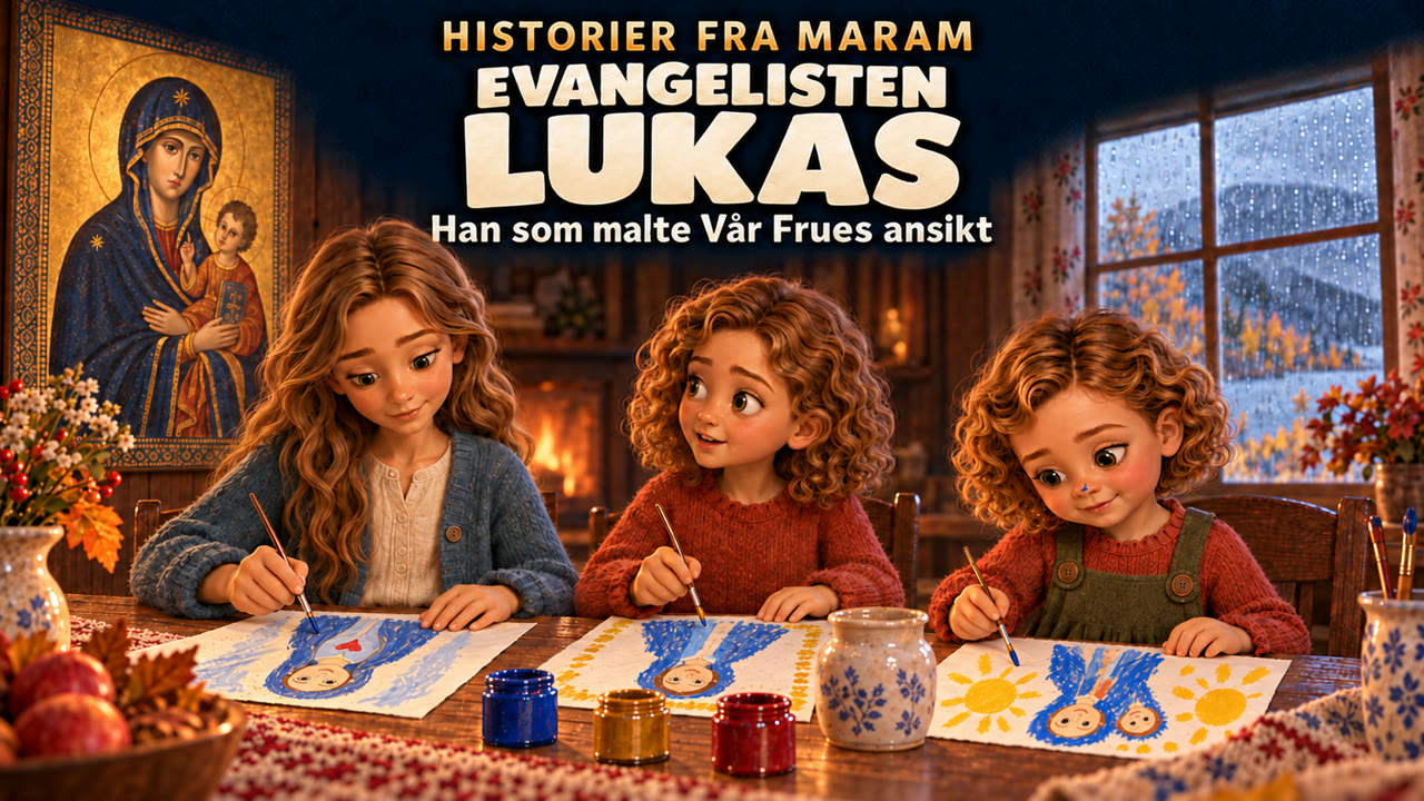 Rita, Sunniva og Teresa maler hvert sitt Maria-bilde ved bordet. Rita maler et rødt hjerte, Sunniva en gullkant og Teresa gule soler.