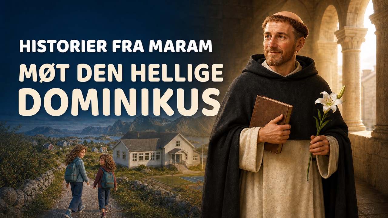 Den hellige Dominikus med en bok og en hvit lilje, og to av barna på vei til skolen på Maram.