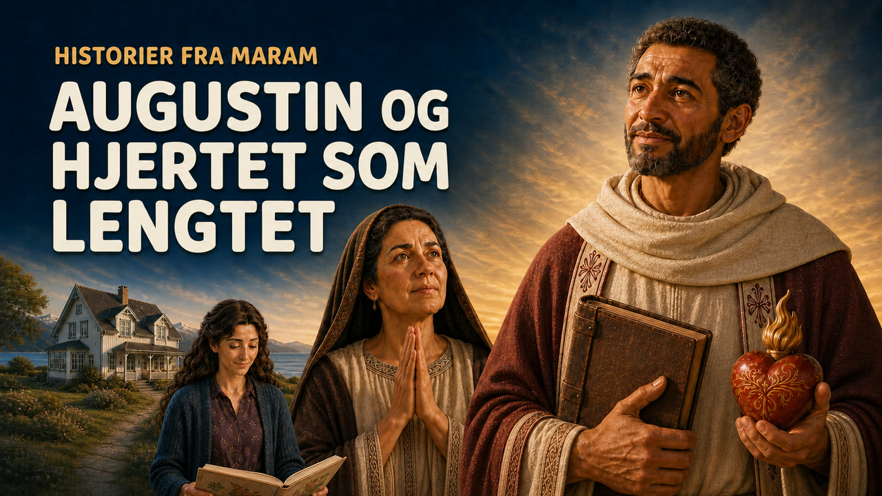 Den hellige Augustin med en bok og et flammende hjerte, den hellige Monika i bønn og mammaen på Maram med det hvite huset bak.