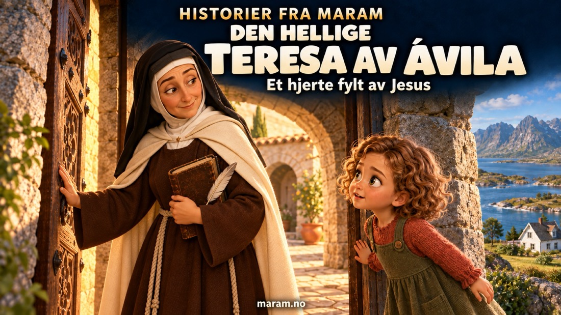 Et symbolsk motiv: Den hellige Teresa av Ávila åpner en gammel tredør og ser tilbake mot lille Teresa fra Maram, som kikker nysgjerrig inn. Øya og familiens hvite hus ses ved sjøen.