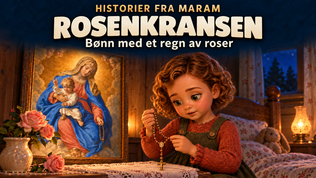Teresa ser på en rosenkrans ved et bilde av Maria med Jesusbarnet. Coveret har teksten «Rosenkransen – Bønn med et regn av roser».