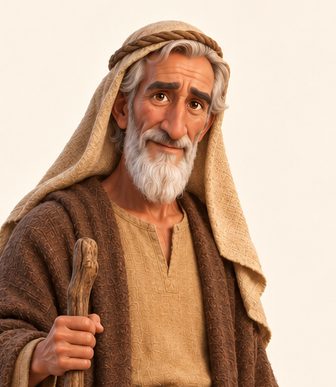 Abraham med hvitt skjegg, vandringsstav, grov brun ullkappe og sandfarget hodeklede.
