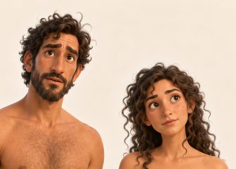 Adam og Eva som voksne med krøllete hår, ulike undrende uttrykk og dekkende grønne bladplagg.