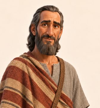 Jakob med gråsprengt hår og skjegg, grå tunika, rust- og sandstripet kappe og vevd skulderveske.