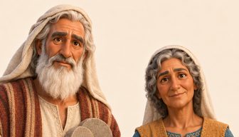 Moses med hvitt skjegg, stav og to steintavler, sammen med Mirjam i blå kjole med en rund tromme.