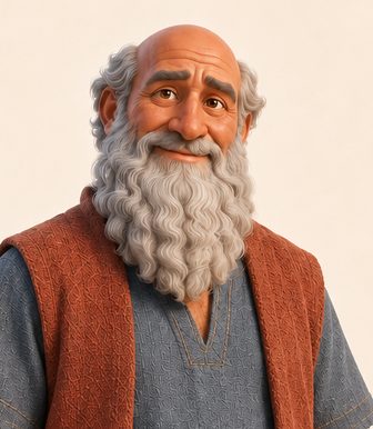 Noah med langt grått skjegg, kort gråblå arbeidstunika og rustfarget vest.