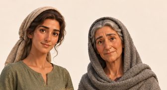 Rut med enkelt samlet hår, grønn kjole, lyst forkle og kornaks, sammen med gråhårede Noomi i stort grått sjal.