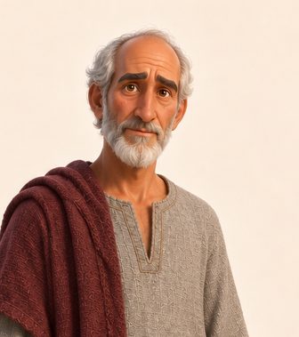 Samuel med tynt grått hår, kort hvitt skjegg, grå tunika og burgunderfarget skulderklede.