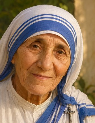 Portrett av den hellige Mor Teresa i hvit sari med blå striper, med et varmt smil og grønt hagemiljø i bakgrunnen.