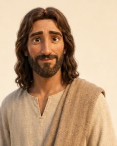 Jesus i lys tunika og sandfarget kappe, fremstilt varmt og barnevennlig.
