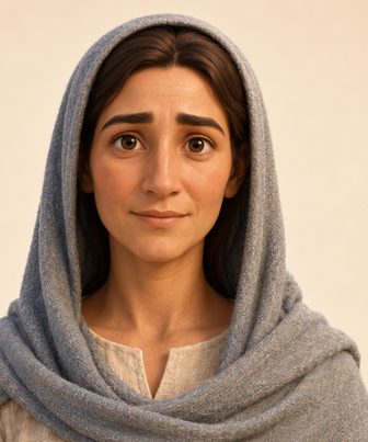 Jomfru Maria i støvblågrå kappe og kremfarget tunika.