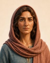 Maria Magdalena i blågrønn kjole og terrakottafarget sjal.