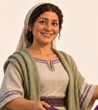 Lydia smiler åpent og viser frem et stort purpurstoff med begge hender. Hun har lys drakt og grønt sjal.