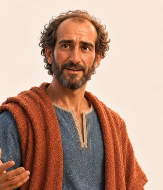 Paulus står med rett hode og en aktiv, åpen håndbevegelse. Han har blå tunika, rustfarget kappe og en bokrull.