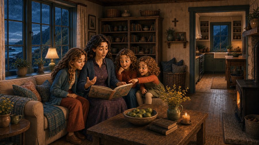Mamma åpner en bok og leser sammen med Rita, Sunniva og Teresa.