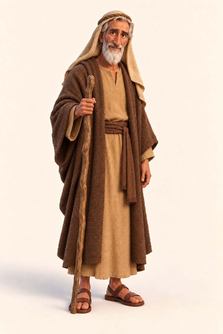 Abraham med hvitt skjegg, vandringsstav, grov brun ullkappe og sandfarget hodeklede.