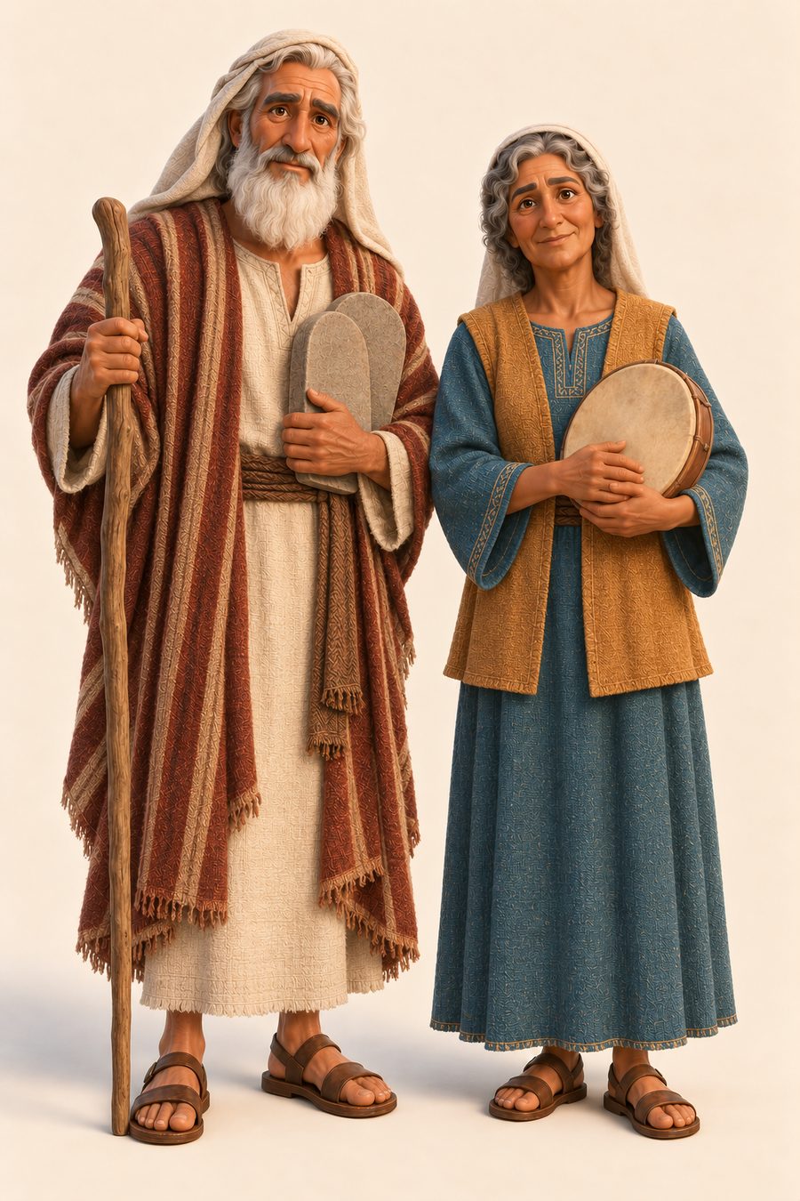 Moses med hvitt skjegg, stav og to steintavler, sammen med Mirjam i blå kjole med en rund tromme.