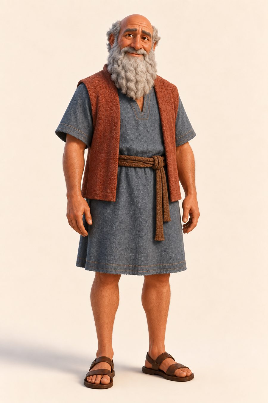 Noah med langt grått skjegg, kort gråblå arbeidstunika og rustfarget vest.