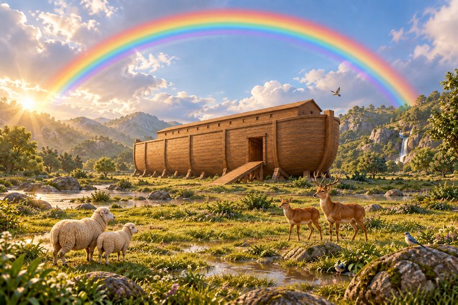En tydelig regnbue over et grønt landskap med dyr, fugler og Noahs ark i det fjerne.