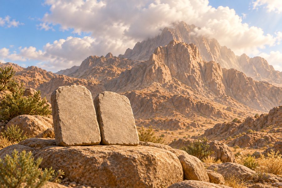 To enkle steintavler foran et høyt fjell i et steinete landskap, som illustrasjon til Sinai og Guds bud.