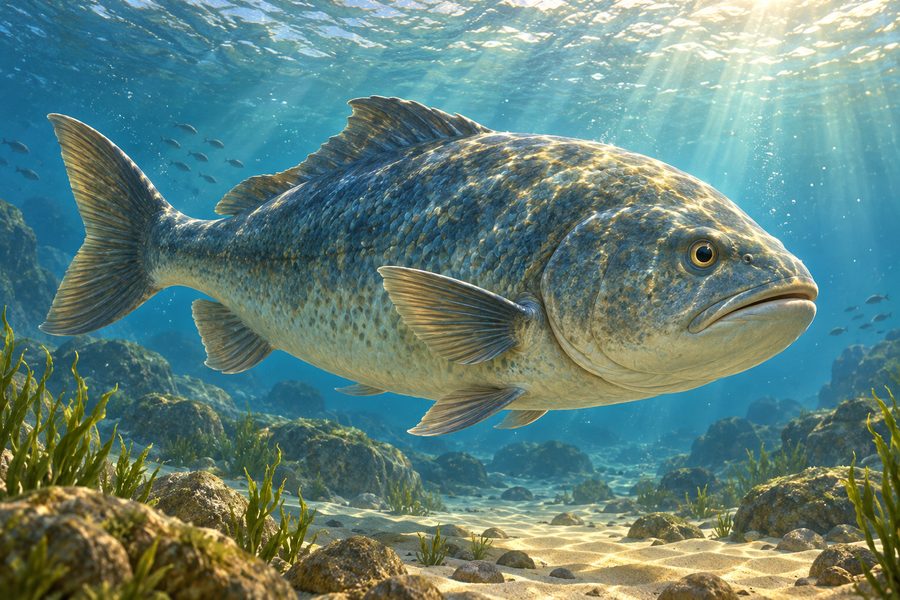 En stor blågrønn fisk svømmer rolig under vann, som illustrasjon til fortellingen om Jona.