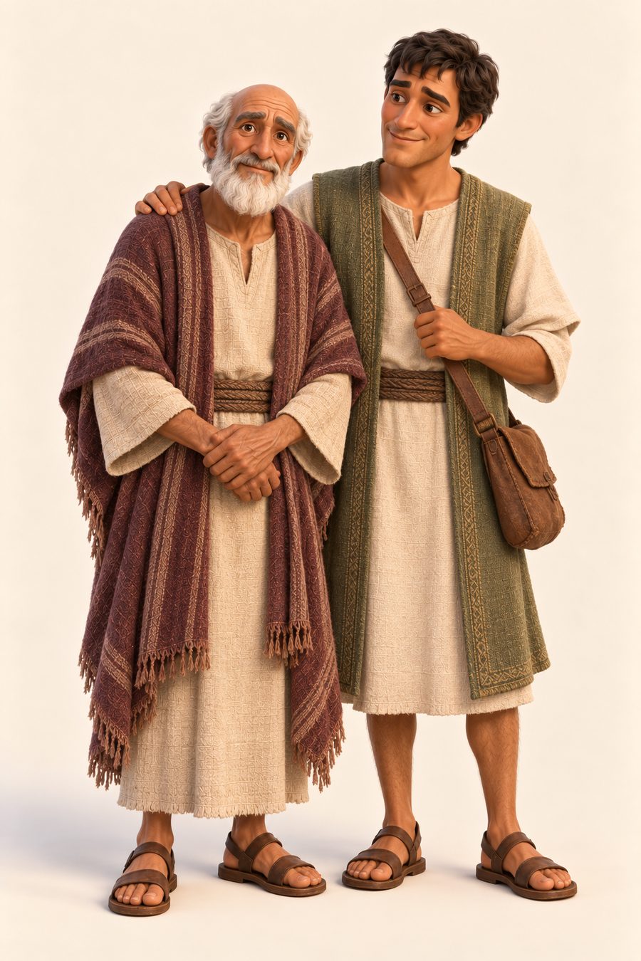 Den eldre Tobit med grått skjegg står sammen med sønnen Tobias, som har reiseveske over skulderen.