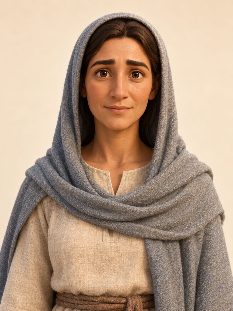 Jomfru Maria i støvblågrå kappe og kremfarget tunika.