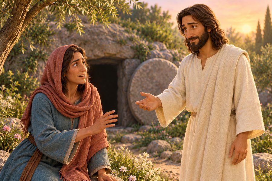 Den oppstandne Jesus møter Maria Magdalena i hagen ved den åpne graven i morgenlys.