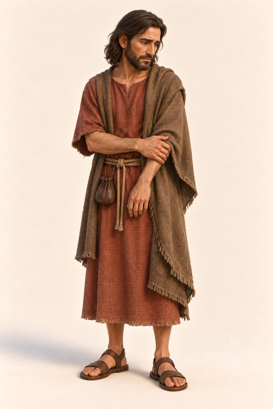 Judas Iskariot står i en støvet rødbrun tunika med en liten lukket pengepung ved beltet og et bekymret ansikt vendt litt nedover.