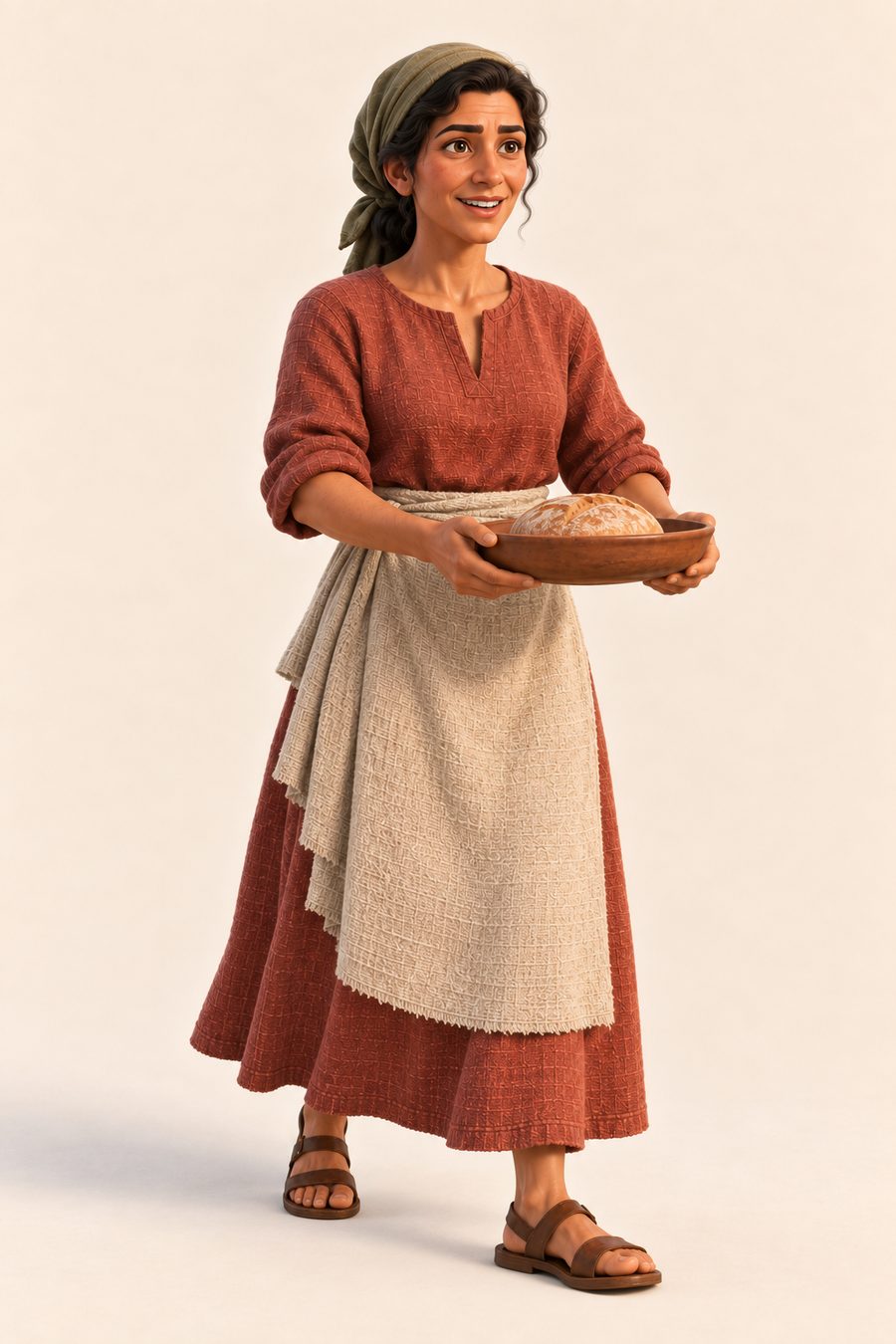 Marta går et lite skritt frem med et brødfat i hendene, oppbrettede ermer og et lyst forkle, og smiler til noen ved siden av.