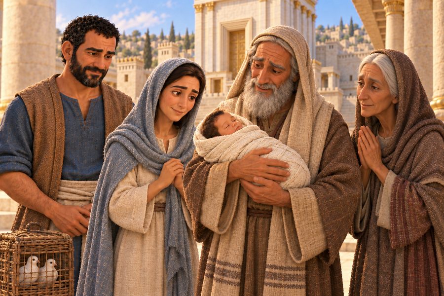 Simeon holder Jesusbarnet i armene i tempelet, mens Anna står til høyre og takker Gud; unge Maria og Josef står nær dem.