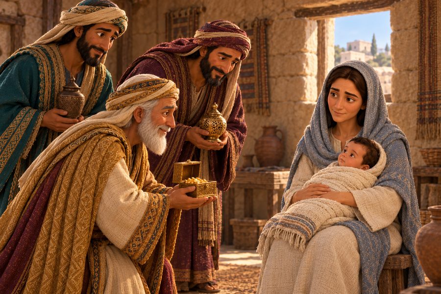 Tre vismenn i ulike reisedrakter kneler og står med gaver foran Jesusbarnet og den unge Maria i et hus i Betlehem.