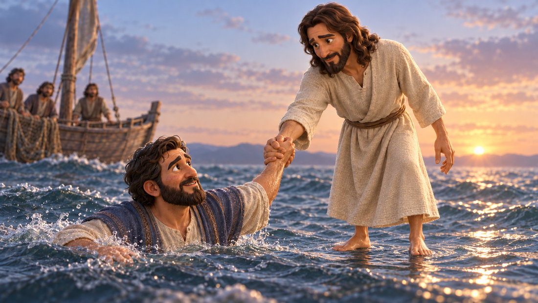 Jesus holder Peter fast i hånden og hjelper ham opp av vannet.