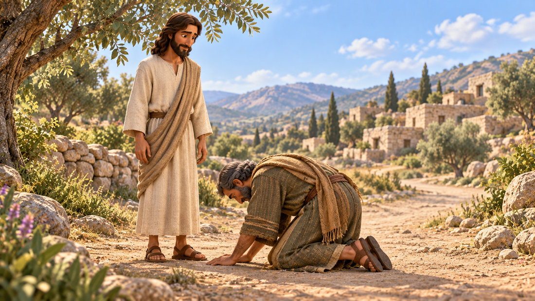 Den friske mannen bøyer seg ved Jesu føtter og takker ham.